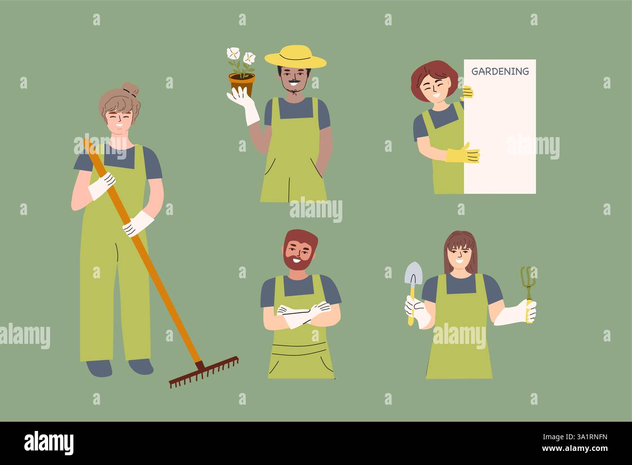 Gartengeräte und verschiedene Gärtner, die Geräte für Gartenbaudesign halten. Stock Vektor