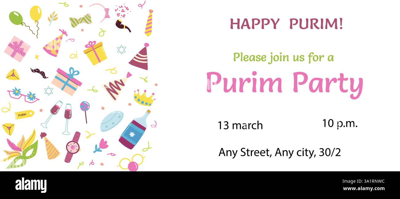 Farbenfrohe purim-Party-Einladung mit festlichen Symbolen und Festdetails. Stock Vektor