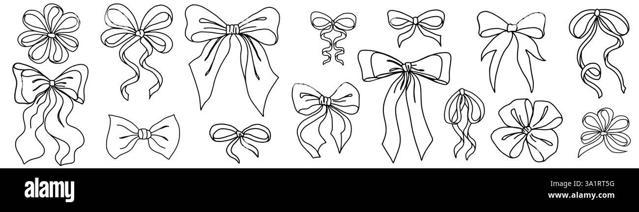 Niedliche Coquette Bow Knoten isoliert auf weiß. Handgezeichnete Girly Bögen Briefschreiben Schreibwaren. Trendige feminine romantische Ikonen für Hochzeitsfeier, Feiertag, Party Dekoration, Geschenk, Geschenk Konzept. Stock Vektor