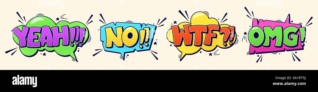 Gruppe von Sprechblasen ja, keine wtf omg Welten und Halbtonelemente. Comic-Illustrationen in Farbe. Stock Vektor