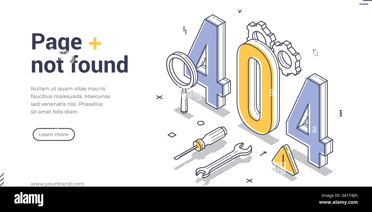 Eine informative Webbanner-Vorlage zeigt eine Fehlermeldung 404 im isometrischen Stil an. Er verfügt über Werkzeuge und Symbole, die visuell eine Seite anzeigen, die nicht fou ist Stock Vektor