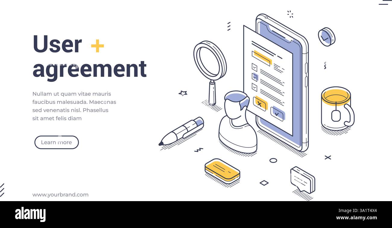 Webbanner-Vorlage mit Benutzervereinbarung in isometrischem Stil. Es enthält ein Tablet, einen Stift und eine Lupe mit verschiedenen Symbolen. Ideal für digitale Platinen Stock Vektor