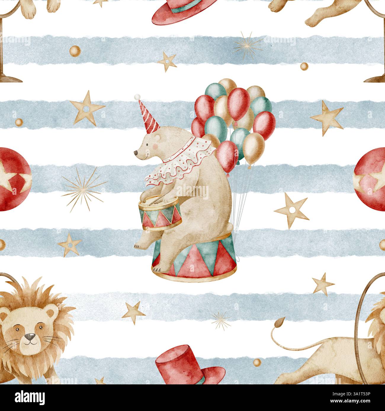 Aquarell-Zirkusmuster mit ausführendem Bären und bunten Ballons auf gestreiftem Hintergrund. Illustration mit Löwen und Sternen für Babytapete oder kindliches Geschenkpapier. Kulisse für Karneval. Stockfoto