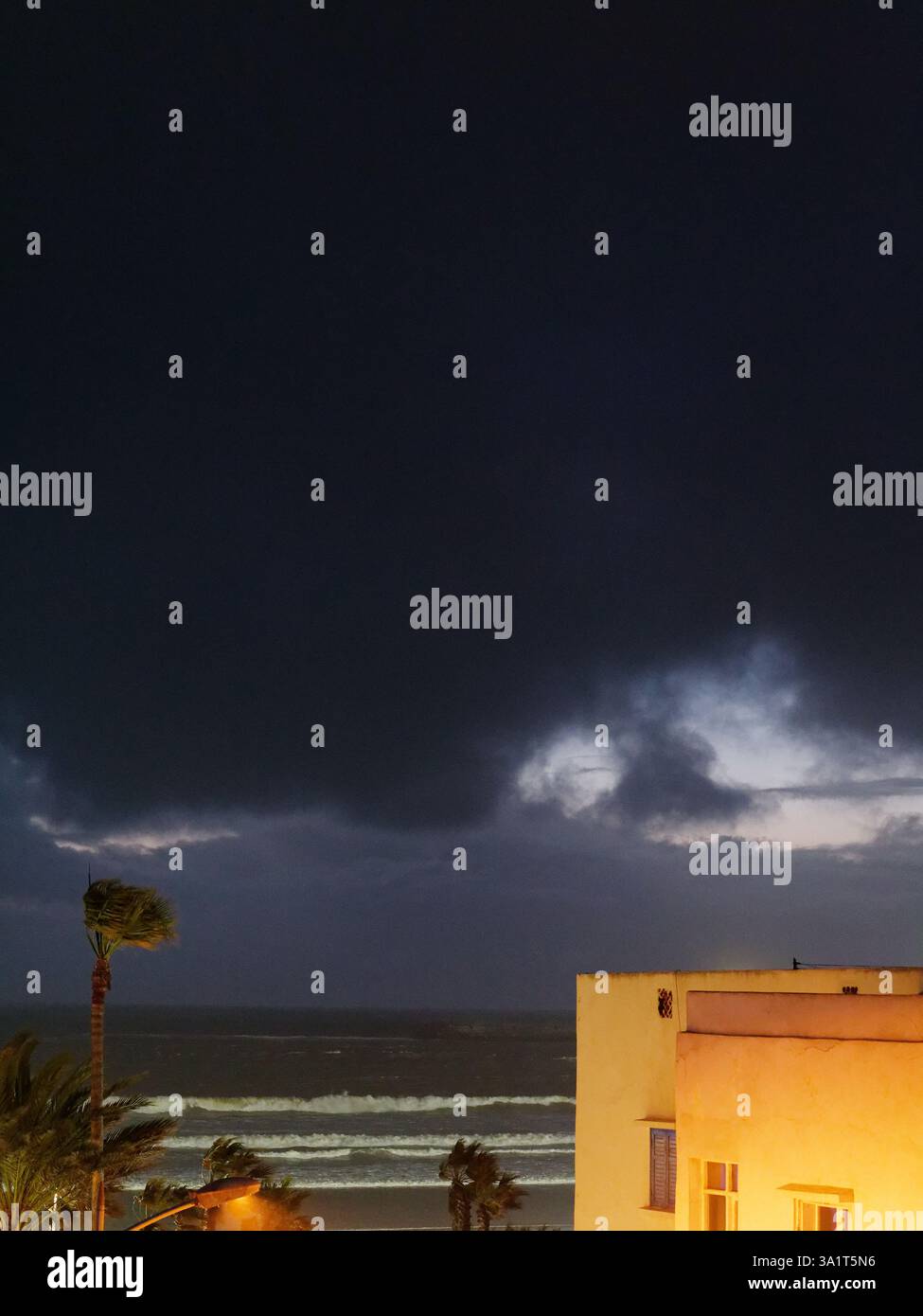 Dramatischer dunkler Himmel während eines Sturms, während eine Palme schwingt und Wellen hereinbrechen, Essaouira. März 2025 Stockfoto