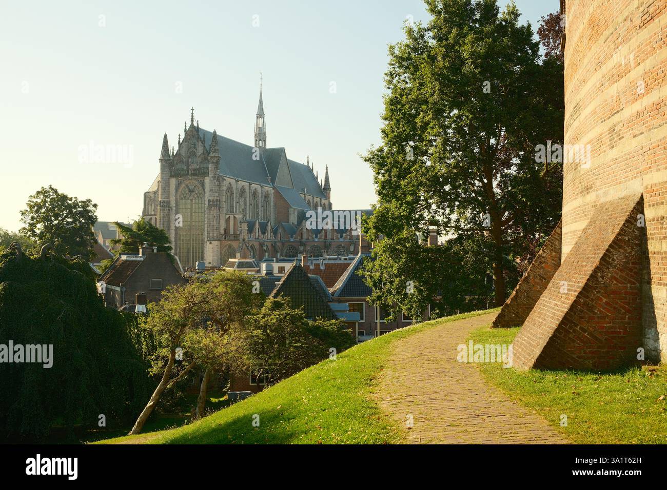 Der Pieterskerk ragt über die Stadt von der grasbewachsenen hil Stockfoto