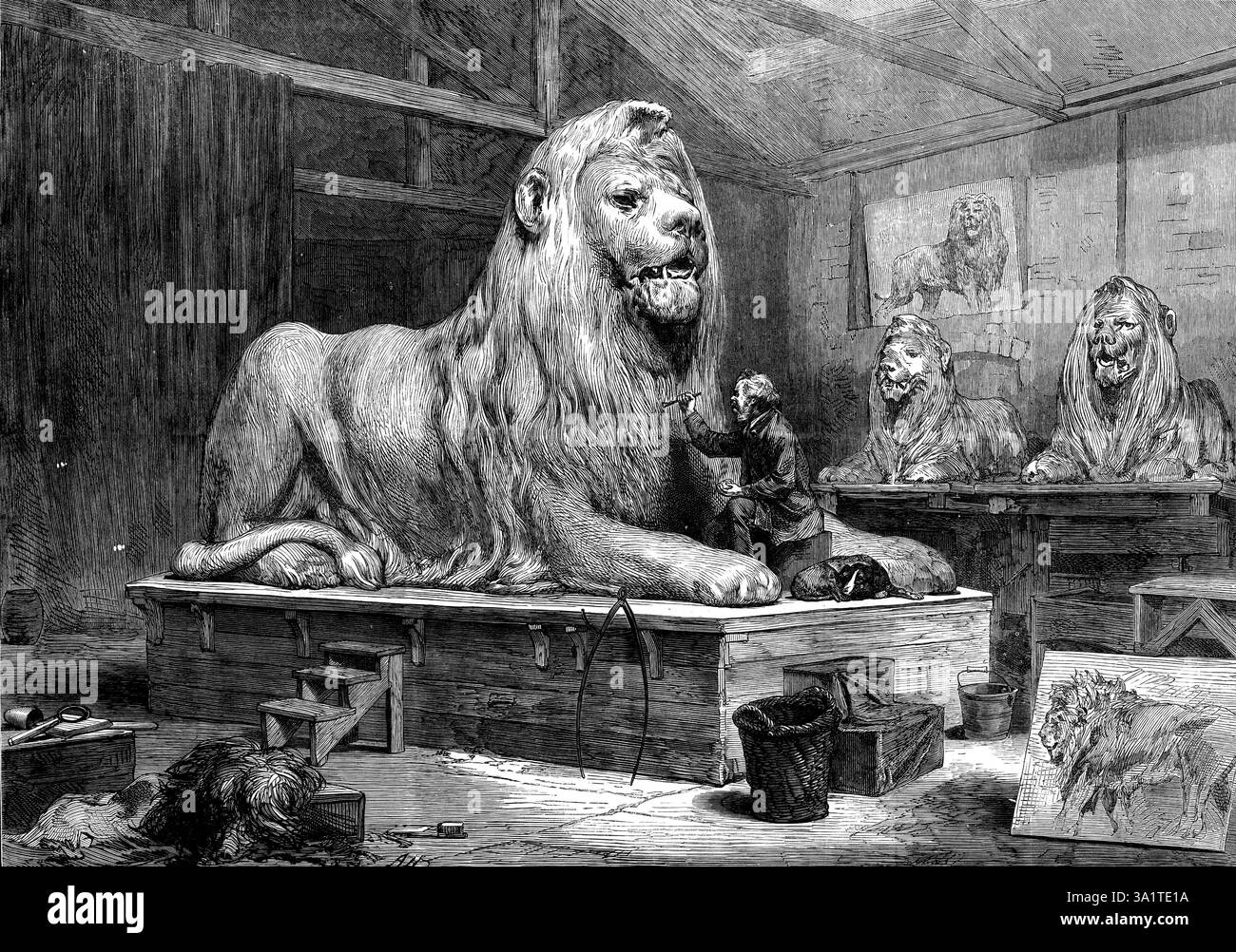 Sir Edwin Landseer modelliert die Löwen für Trafalgar-Square, 1873. "Das edle Zeugnis von Sir Edwins Fähigkeit als Bildhauer, durch ihren großen, aber naturalistischen Stil, wenn nicht anders, von lions...bear... er wandte sich hauptsächlich an die Liebe zu Tieren und Feldsport, die ein nationales Merkmal ist; daher war seine Popularität bei uns vielleicht größer als bei jeder anderen Nation... seine Tiere hatten oft ein schlankes, gedämpftes Selbstbewusstsein, als wären sie für einen Salon vorbereitet worden inspection...no Maler des Tierlebens kann für einen Moment mit ihm für intelligente Erfindungen verglichen werden Stockfoto