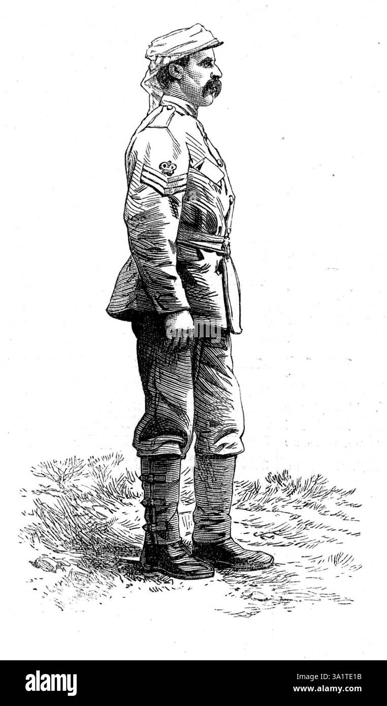 The Ashantee war: Uniform für die Soldaten der Expedition, 1873. Der dritte Anglo-Ashanti-Krieg, auch bekannt als „erste Ashanti-Expedition“, dauerte von 1873 bis 1875. Die British Gold Coast wurde 1867 gegründet und 1872 erweiterte Großbritannien sein Territorium, als sie die Dutch Gold Coast von den Niederländern kauften, einschließlich Elmina, das von den Ashanti beansprucht wurde. Die Niederländer hatten 1656 den Vertrag von Butre mit den Ahanta unterzeichnet. Die Vereinbarungen des vertrags erwiesen sich als sehr stabil und regulierten die diplomatischen Angelegenheiten Niederländisch-Ahanta über mehr als 213 Jahre. Das änderte sich mit dem sal Stockfoto