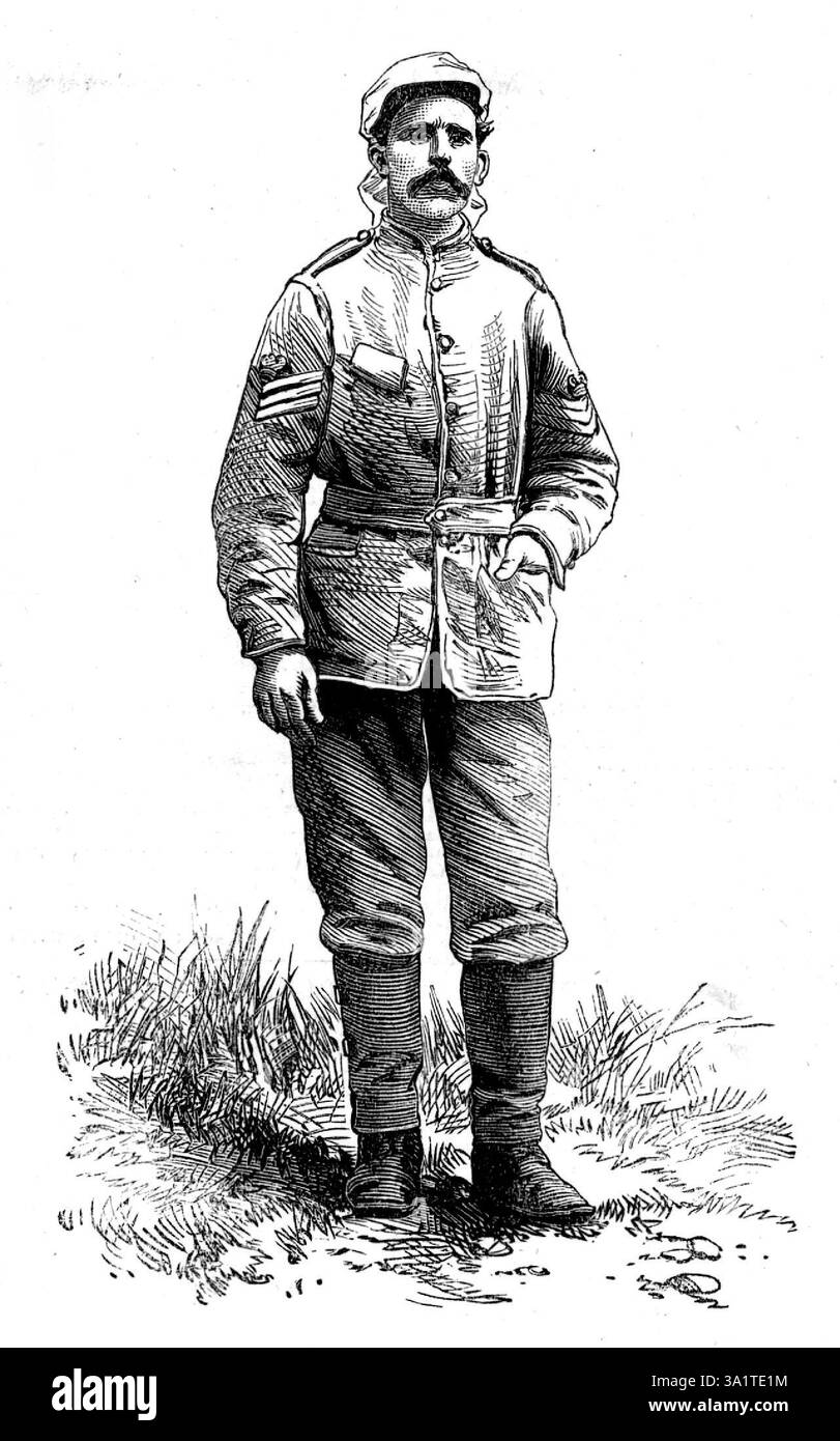 The Ashantee war: Uniform für die Soldaten der Expedition, 1873. Der dritte Anglo-Ashanti-Krieg, auch bekannt als „erste Ashanti-Expedition“, dauerte von 1873 bis 1875. Die British Gold Coast wurde 1867 gegründet und 1872 erweiterte Großbritannien sein Territorium, als sie die Dutch Gold Coast von den Niederländern kauften, einschließlich Elmina, das von den Ashanti beansprucht wurde. Die Niederländer hatten 1656 den Vertrag von Butre mit den Ahanta unterzeichnet. Die Vereinbarungen des vertrags erwiesen sich als sehr stabil und regulierten die diplomatischen Angelegenheiten Niederländisch-Ahanta über mehr als 213 Jahre. Das änderte sich mit dem sal Stockfoto