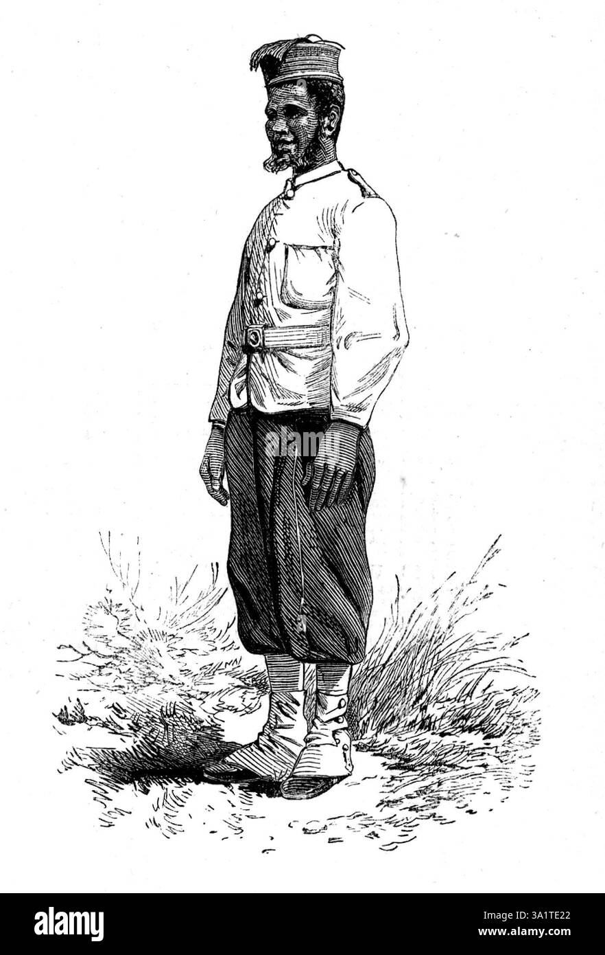 The Ashantee war: Uniform für die Soldaten der Expedition, 1873. Der dritte Anglo-Ashanti-Krieg, auch bekannt als „erste Ashanti-Expedition“, dauerte von 1873 bis 1875. Die British Gold Coast wurde 1867 gegründet und 1872 erweiterte Großbritannien sein Territorium, als sie die Dutch Gold Coast von den Niederländern kauften, einschließlich Elmina, das von den Ashanti beansprucht wurde. Die Niederländer hatten 1656 den Vertrag von Butre mit den Ahanta unterzeichnet. Die Vereinbarungen des vertrags erwiesen sich als sehr stabil und regulierten die diplomatischen Angelegenheiten Niederländisch-Ahanta über mehr als 213 Jahre. Das änderte sich mit dem sal Stockfoto