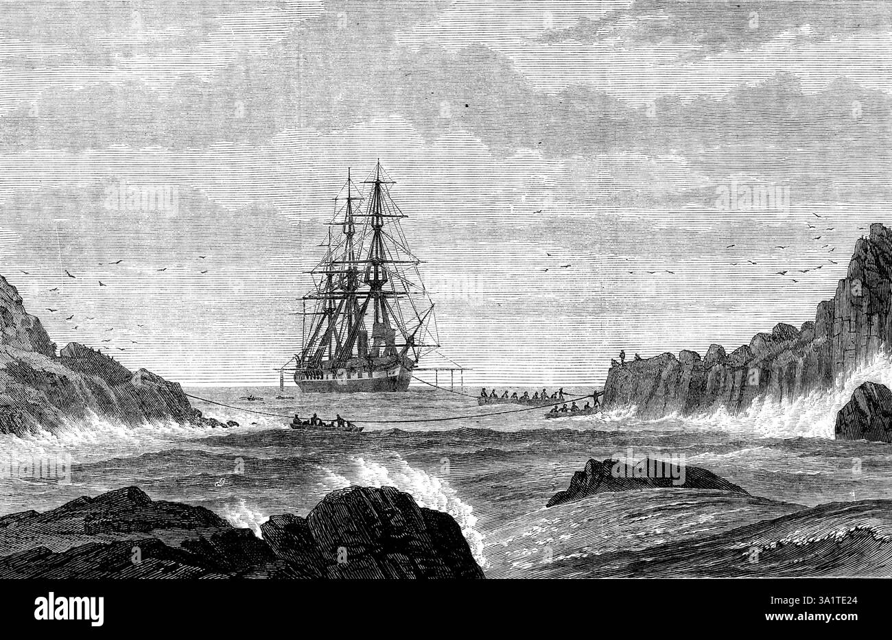 The Voyage of H.M.S. Challenger: The Challenger fuhr schnell nach St. Paul's Rocks, 1873. Erste globale Meeresforschungsexpedition. "Großes Interesse ist an der wissenschaftlichen Expedition der Regierung... für Tiefseeforschungen im Atlantik, Indischen und Pazifischen Ozean... Mr. J.J. Wild schickt uns eine Skizze..."Ein Boot wurde mit einer Menge Wallinie abgeschickt, und eine Schleife von acht oder zehn Lagen davon wurde um einen der Felsen geführt. Dazu wurde ein Hawser vom Schiff aus gefahren, der in einer Entfernung von etwa 70 Metern lag, ihre Bögen in 104 Fass Wasser. Der Hawser wurde schnell zur Wallinie gebracht, und das Schiff legte an Stockfoto