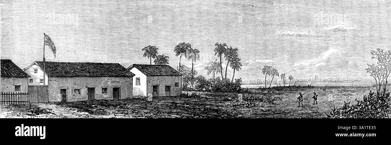 Das Britische Konsulat, Omoa, Spanisch Honduras, 1873. "Wir sind dem Leutnant B. G. Deane, R.N., verpflichtet für einen Blick auf das britische Vizekonsulat im Hafen von Omoa, einem der wichtigsten Handelssitze mit dem Innenraum... letztes Jahr wurde die Regierung dieses Staates... von einer revolutionären Partei abgesetzt... seit mehreren Monaten tobt ein Bürgerkrieg... begleitet von der üblichen Stagnation des Handels und Nachteile für ausländische Händler, hauptsächlich Engländer, die ein großes Kapital in Mahagoni und andere Exporte investiert haben... der General, der die Arias-Partei kommandiert, Streber mit Namen, hatte dort schwere Gewalttaten begangen Stockfoto