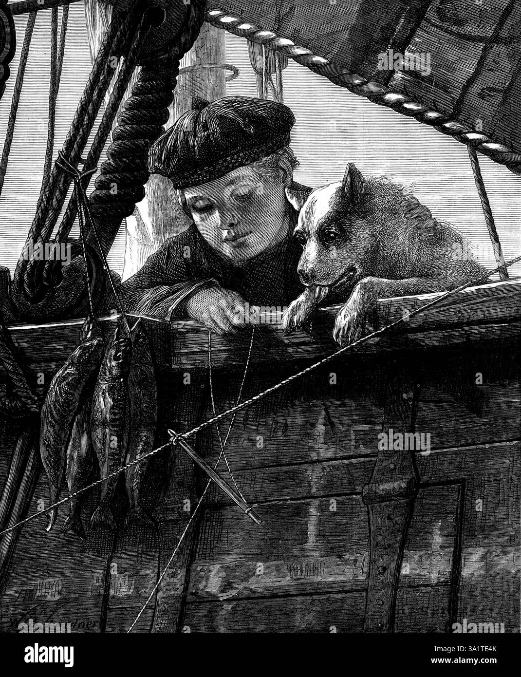 A Leisure Hour von W. M. Wyllie aus der Ausstellung in der Dudley Gallery, 1873. "Aber, bescheidener Seefahrer, so auch immer er ist, werden wir uns wagen zu sagen, dass [dieser Junge] nicht auf jemandes verächtliche Definition eines Anglers antwortet - "ein Haken an einem Ende einer Linie und ein Narr am anderen." Nein, er verbringt seine Zeit nicht töricht, wie der schimmernde Haufen Makrelen, den er auch gut kleiden und zum Tisch bringen kann, reichlich bezeugt. Ein Cabin-Boy und Koch, wahrscheinlich, an Bord einer Achterbahn, seine Aufgaben sind vielfältig... manchmal, wenn die Arbeit erledigt ist, und eine sanfte Brise r Stockfoto