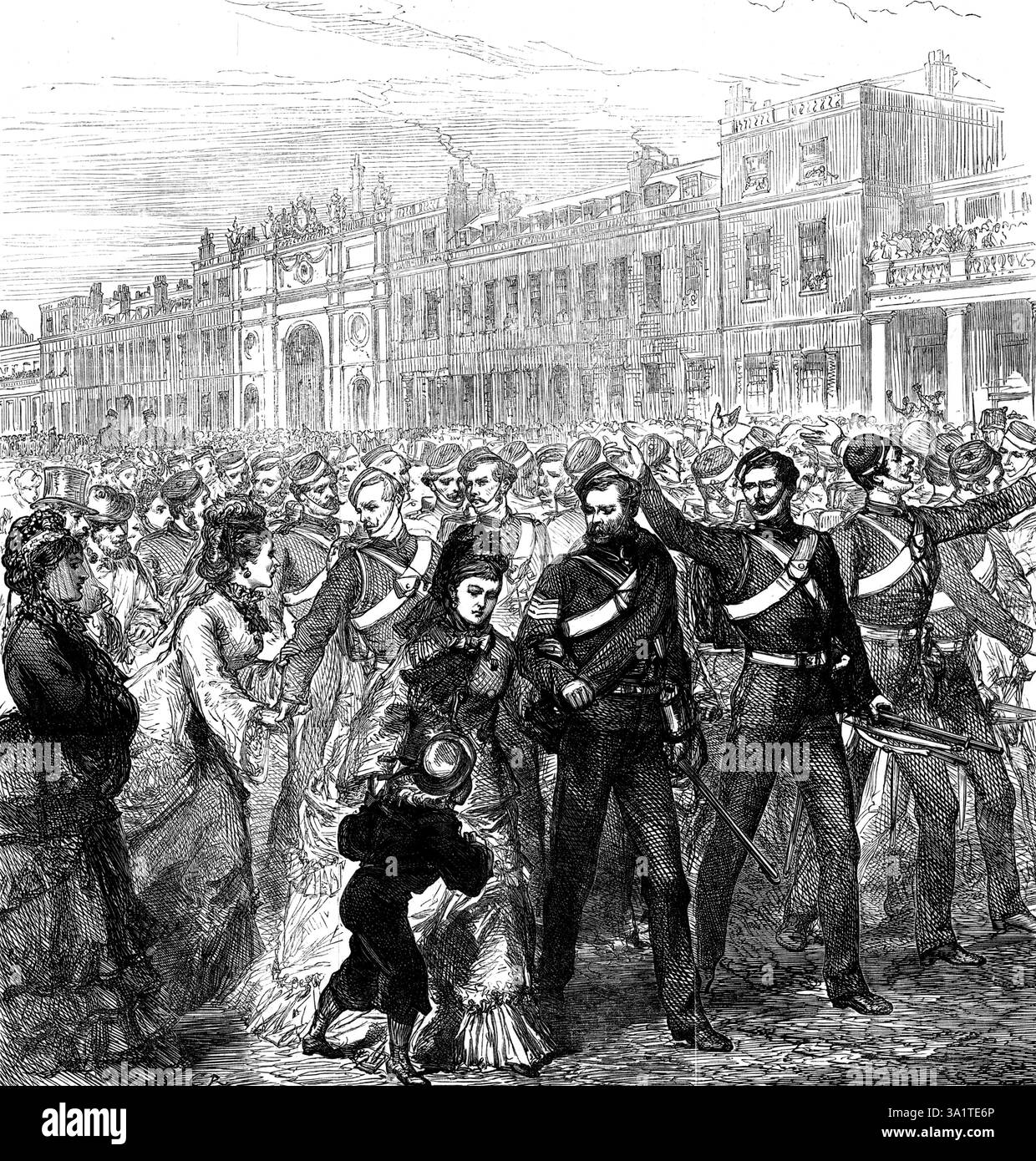 Die Abteilung der Royal Artillery verließ Woolwich zur Gold Coast, 1873. Der Abzug der Truppen für diesen Krieg hat mehr als sonst Interesse erregt. Unsere Titelseite Engraving zeigt die Szene in Woolwich [im Südosten Londons], als eine Abteilung der Royal Artillery die großen Kasernen dort verließ, um dort den Hafen ihrer Einschiffung zu erreichen." Die Anglo-Ashanti-Kriege waren eine Reihe von fünf Konflikten, die zwischen 1824 und 1900 zwischen dem Ashanti-Empire – im Inneren der Goldküste Akan – und dem Britischen Empire und seinen afrikanischen Verbündeten stattfanden. Aus Illustrated London News, 1873. Stockfoto