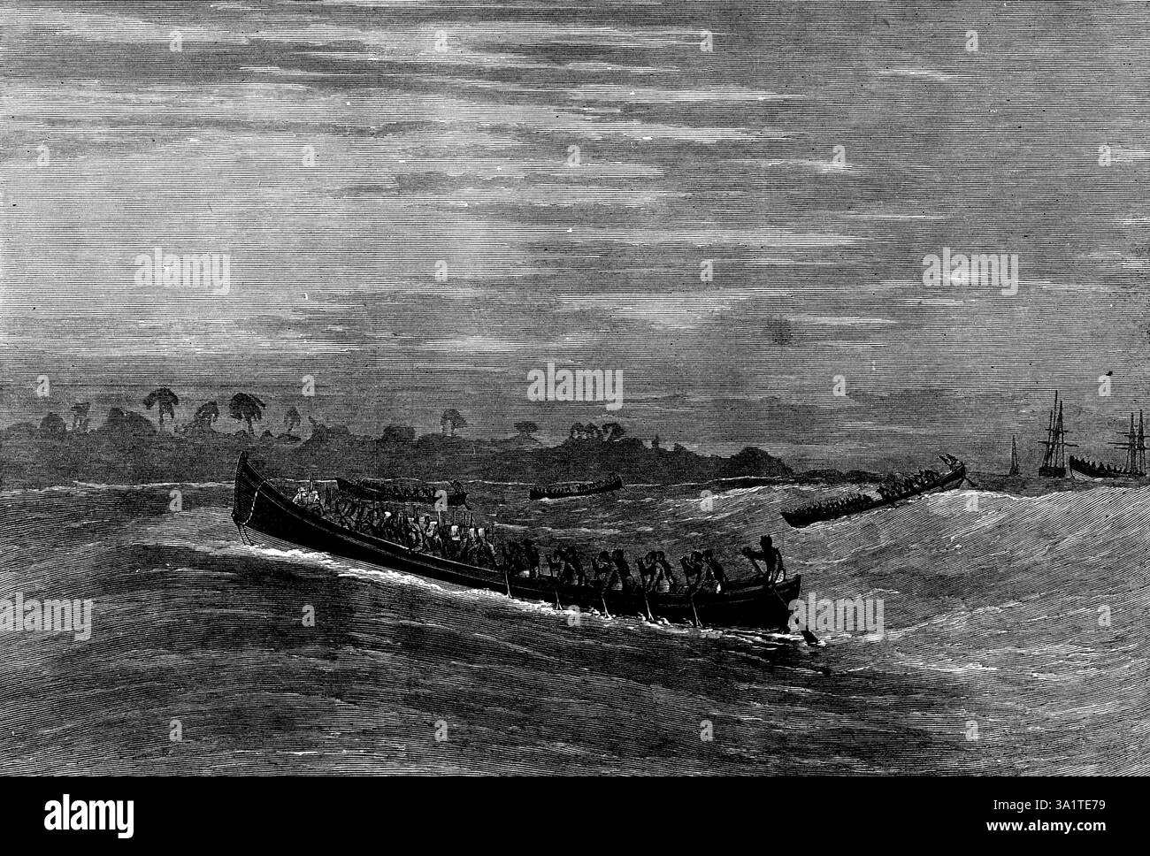Surfboot für Landungstruppen an der Gold Coast, 1873. Das Kriegsministerium hat ein Surfboot, speziell entworfen und gebaut von Messrs. Forrestt und Sohn aus Limehouse, für Landungstruppen an der Goldküste. Es kann entweder von unseren Seeleuten mit Rudern gerudert werden, oder von Fantees oder Kroomen gepaddelt werden - Letzteres ist die Methode, die in unserer Abbildung gezeigt wird. Die kleinere Größe des Bootes beträgt 24 Fuß. Länge: 1,8 m In Breite und 2 Fuß 6 Zoll Tief; die mittelgroße Lang. Der Stiel und das Heck werden gebildet, indem der Kiel in einem Stück gebogen wird, und die Rahmenhölzer sind aus gedämpftem Holz, in einer Länge von vorn Stockfoto Surfboot für Landungstruppen an der Gold Coast, 1873. Das Kriegsministerium hat ein Surfboot, speziell entworfen und gebaut von Messrs. Forrestt und Sohn aus Limehouse, für Landungstruppen an der Goldküste. Es kann entweder von unseren Seeleuten mit Rudern gerudert werden, oder von Fantees oder Kroomen gepaddelt werden - Letzteres ist die Methode, die in unserer Abbildung gezeigt wird. Die kleinere Größe des Bootes beträgt 24 Fuß. Länge: 1,8 m In Breite und 2 Fuß 6 Zoll Tief; die mittelgroße Lang. Der Stiel und das Heck werden gebildet, indem der Kiel in einem Stück gebogen wird, und die Rahmenhölzer sind aus gedämpftem Holz, in einer Länge von vorn Stockfoto
