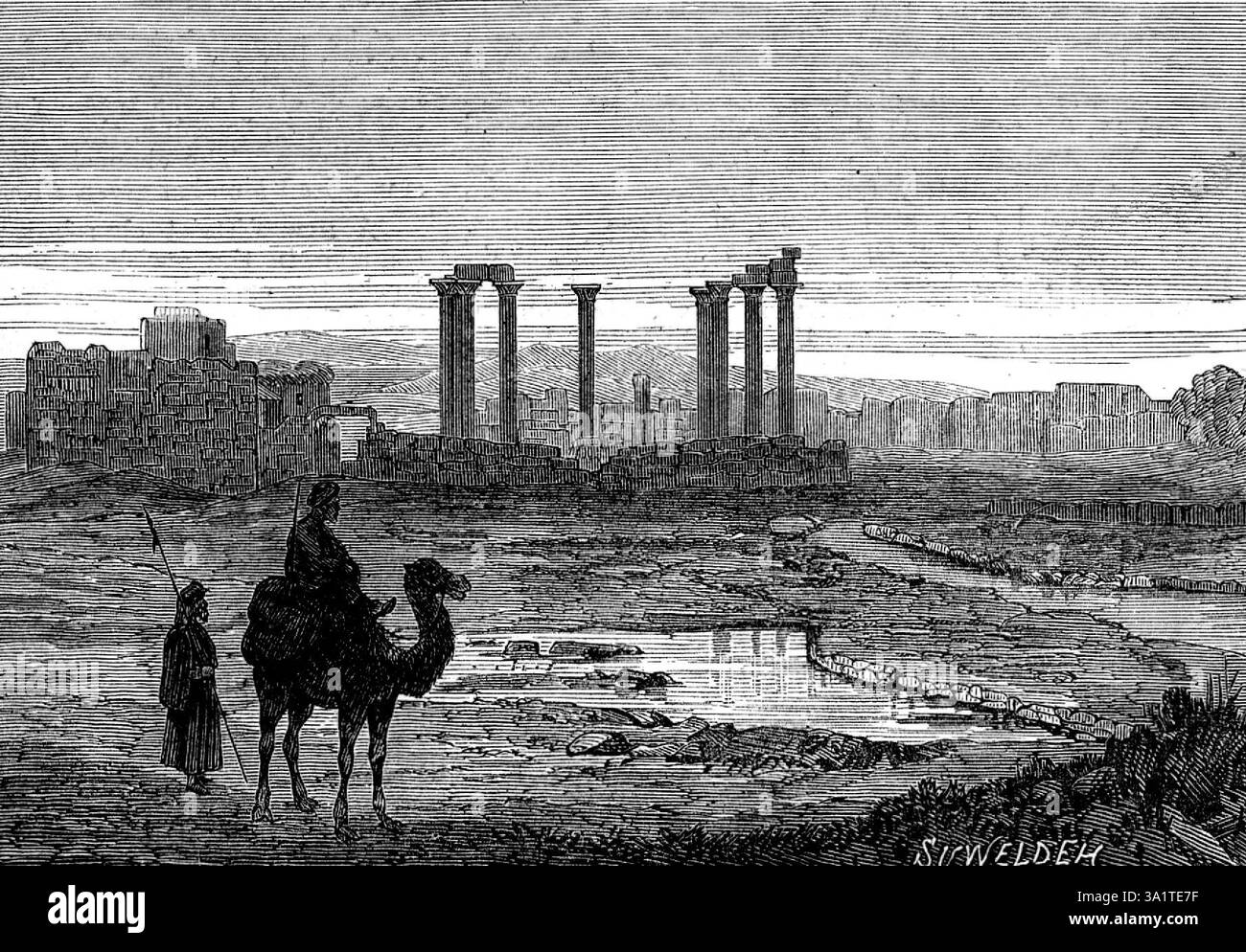 Die Riesenstädte von Baschan - Suweldeh, 1873. Sweideh liegt am westlichen Rand des Berges und gilt als die Metropole der Druses im Hauran. Es war früher eine große und wichtige Stadt, wie die große Größe ihrer Ruinen und die Pracht einiger von ihnen zusammen mit ihren großen Stauseen reichlich beweisen. Unter den Römern scheint es in der Zeit von Antoninus, einem der größten Wohltäter Syriens, gefloriert zu haben. Hier wird berichtet, dass die Drusen der Hauran zuerst aus der Nachbarschaft Aleppo nach Esra kamen und von dort nach Sweideh, vor etwa hundert Jahren, A Stockfoto