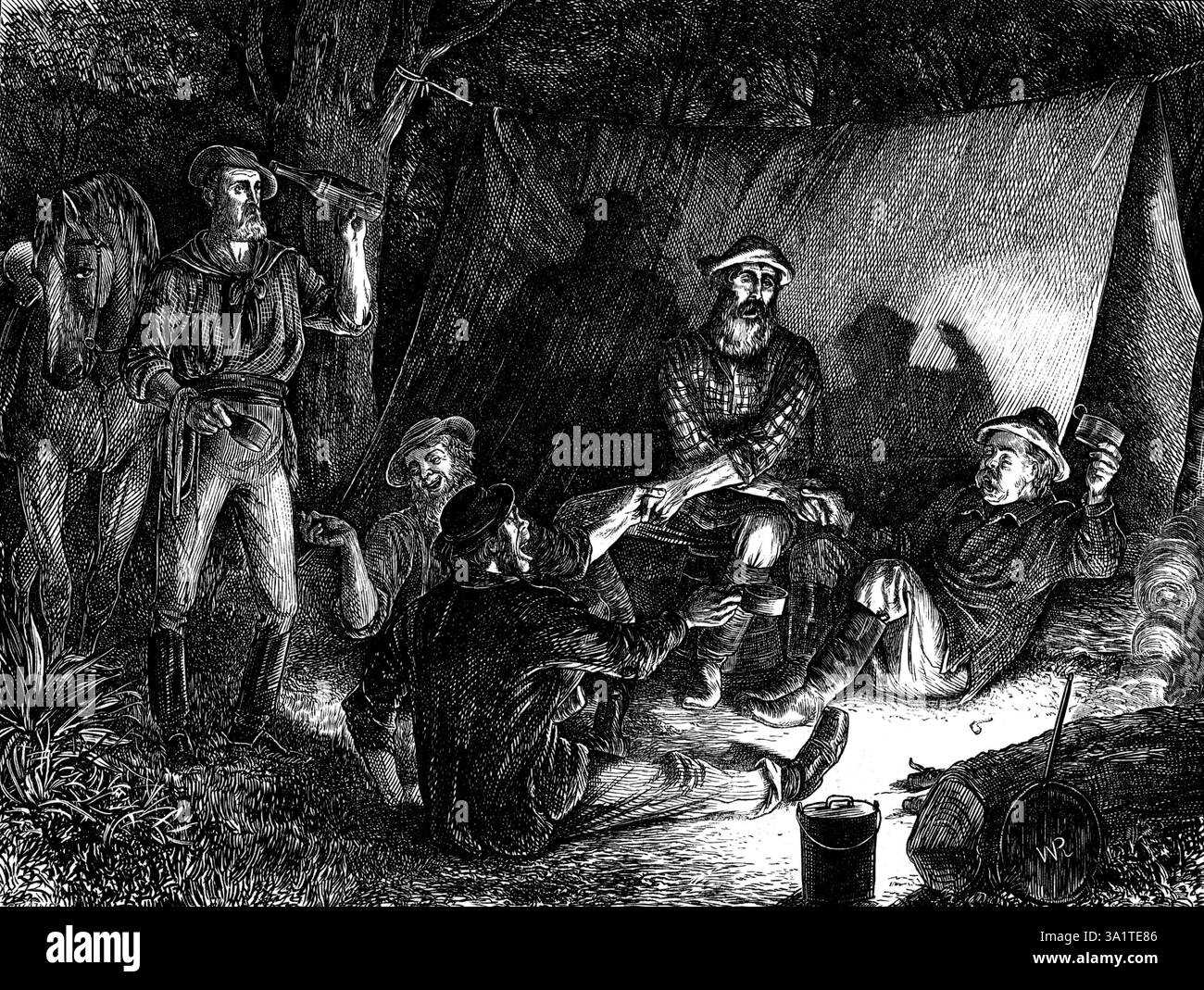 Australische Bagger halten Heiligabend – „Auld lang Syne“; gezeichnet von W. Ralston, 1873. "...die Hausbesetzer und Bagger sind mutig bereit, sich im Freien zu erfreuen... diese Gruppe von starken, guten Kerlen, die unser Künstler repräsentiert hat, wie er sie oft gesehen hat, als er in Australien lebte,... sind Goldgräber... die auf ihrem Weg zu einem "neuen Ansturm" lagern; jeder Mann trägt seine gemäßigte Rate von "Swag" oder persönliches Gepäck, mit seinem "billy" oder der Dose für kochendes Wasser, und die Pfanne für ihre einfache Küche, die es in mehreren hu hinabtragen Stockfoto