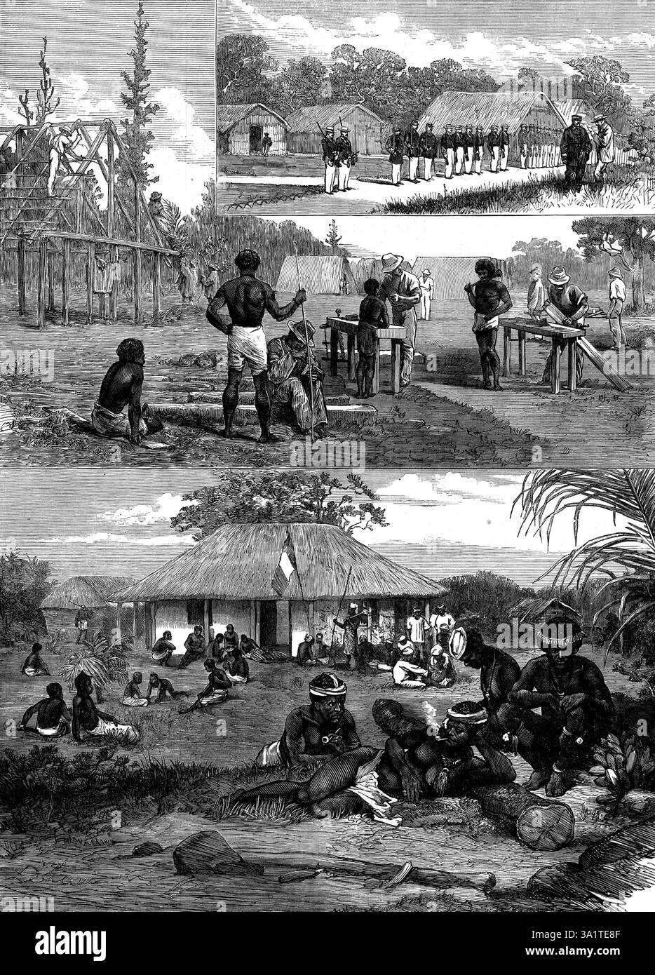 Skizzen auf der Isle of Pines, Neukaledonien, 1873. Gravuren aus Fotografien von Dr. M&#xfc;ller. "1. Parade; 2. Häuser Der Sträflinge; 3. Das Haus des Gouverneurs und die Eingeborenen... die französische Strafgefangenensiedlung im Südpazifik... ist in letzter Zeit zur Wohnstätte vieler Pariser Kommunisten geworden... die einheimische Rasse der Männer ist wie die von Papua oder Neuguinea und scheint nicht zivilisatorisch fähig zu sein, aber ihre Zahl nimmt rapide ab... Mücken, Vampire und Schlangen sind hier zu finden, und Fieber und Ruhr sind auch zu weit verbreitet... jene [Sträftigen], deren gutes Verhalten hat etwas verdient Stockfoto