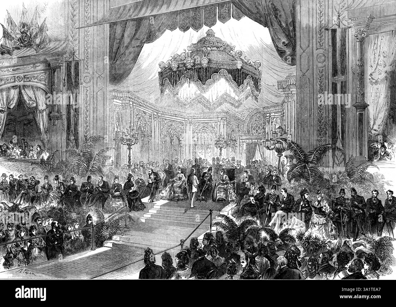 Der Schah im Kristallpalast, 1873. Der Schah von Persien in London. "...Unterhaltung von der Crystal Palace Company für den Staatsbesuch des Schahs... Mr. T. Hughes, M.P., Vorsitzender der Regisseure... führte sie auf einem mit Scharlach bedeckten Weg durch das Kirchenschiff hinunter zu dem wunderschönen Pavillon, der auf der Bühne des Theaters im zentralen Querschiff gegenüber der großen Orgel errichtet wurde. Dieser Pavillon wurde aus goldenen Bögen im Alhambra-Stil mit einem Baldachin aus glitzernden persischen Löwen und Sonnen in Gold gebildet; die Säulen und Galerien waren mit Fahnen und Blumenkränzen geschmückt...der Palast war voll mit Stockfoto