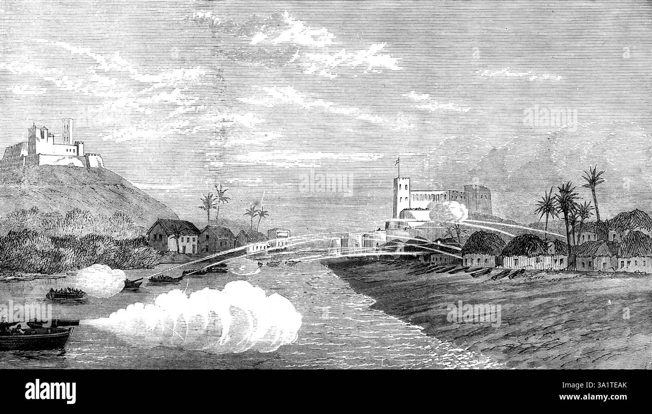 Der Ashantee-Krieg: Bombardierung der Stadt Elmina, 1873. Die Briten in Westafrika. General view...from das Meer außerhalb der Mündung der Beyah... zu den Mangrovensumpfern, in die die Flüchtlinge entkommen sind, mit den Booten im Fluss... mit viel Schuss, Panzer und Raketen. Die drei Schiffe, die draußen vor und links vor Anker liegen, sind der Kanonenboot-Köder, die Argus und der Druide. Das Schloss St. Georg von Elmina, eine alte niederländische Festung, die kürzlich an Großbritannien abgetreten wurde, ist mit dem Union Jack zu sehen... Einige Fischerhütten und Kanus liegen am Strand... im Vordergrund, o Stockfoto