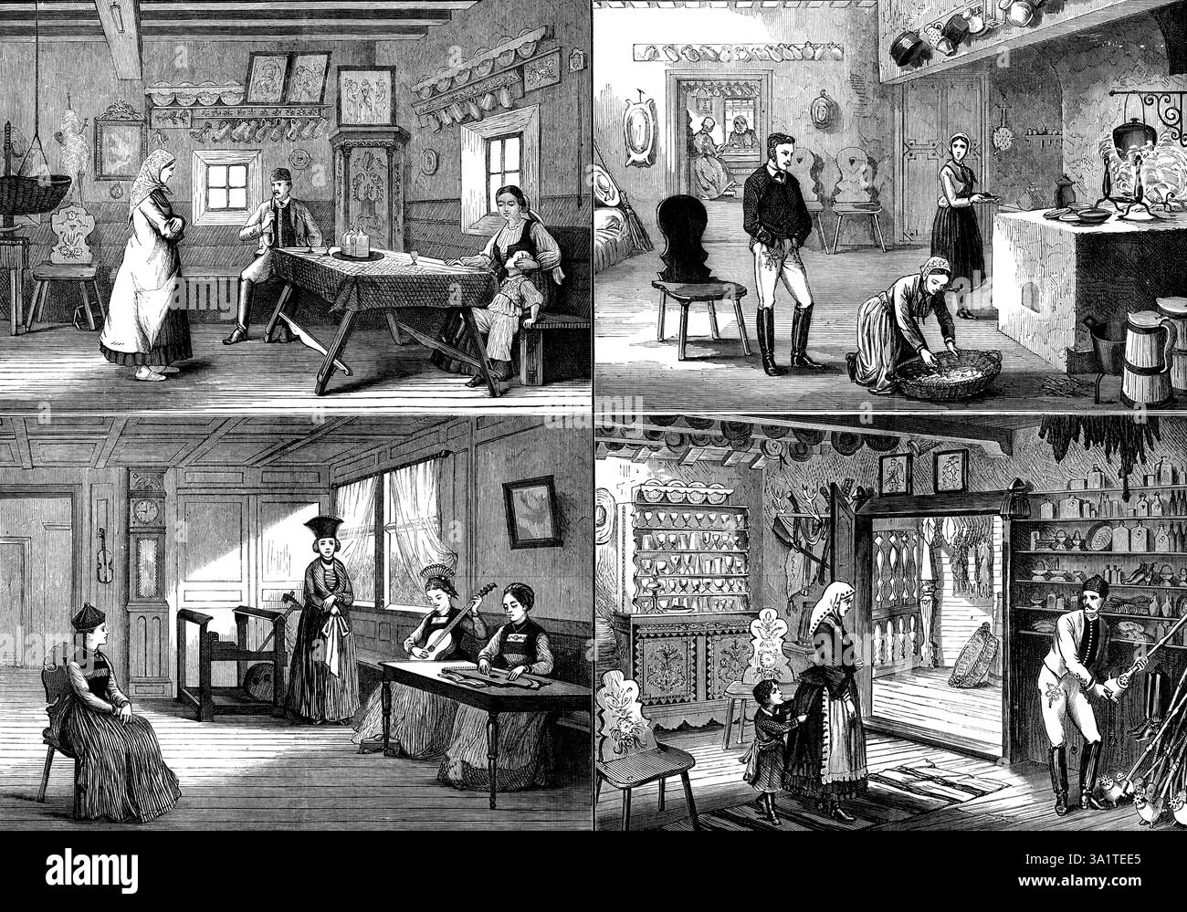 Modelle rustikaler Wohnhäuser auf der Wiener Ausstellung 1873. Haüdorfer Bauernhaus; Vorarlberger Bauernhaus; Sächsiebenbürg Bauernhaus; Siebenburg Seklerhaus...die Musterwohnhäuser der rustikalen Bevölkerung in verschiedenen Provinzen des österreichischen und deutschen Reiches sind nicht der uninteressanteste Teil der Ausstellung...die auf einer Seite der dieswöchigen Zeitung gezeigten Häuser sind das Innere des Ha&#Siebenbergs und des Siebenbergs, des Siebenbergs und des Siebenbergs. Es gibt eine malerische Vielfalt in den Mustern und Moden von h Stockfoto