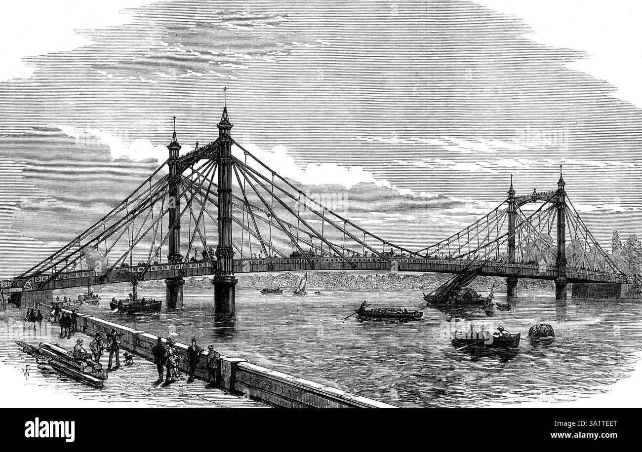 Die Royal Albert Bridge, Chelsea, [London], 1873. „Die neue Hängebrücke... überquert den Fluss vom Ende der Oakley-Straße zur Westseite des Battersea Park und wird eine sehr bequeme Durchgangsstraße von Kensington und Brompton nach Battersea und Clapham sein... starke Ketten... sind über zwei hohe Türme gespannt... die Straße ist an diesen Ketten aufgehängt, und somit... wird das Gewicht auf die Türme verteilt, während die gesamte Struktur viel steifer ist als eine gewöhnliche Hängebrücke... die Ketten bestehen... die Ketten bestehen aus etwa 1000 Stahldrähten, die Ketten sind, aber nicht zusammengebunden, sondern aus diesem Stockfoto