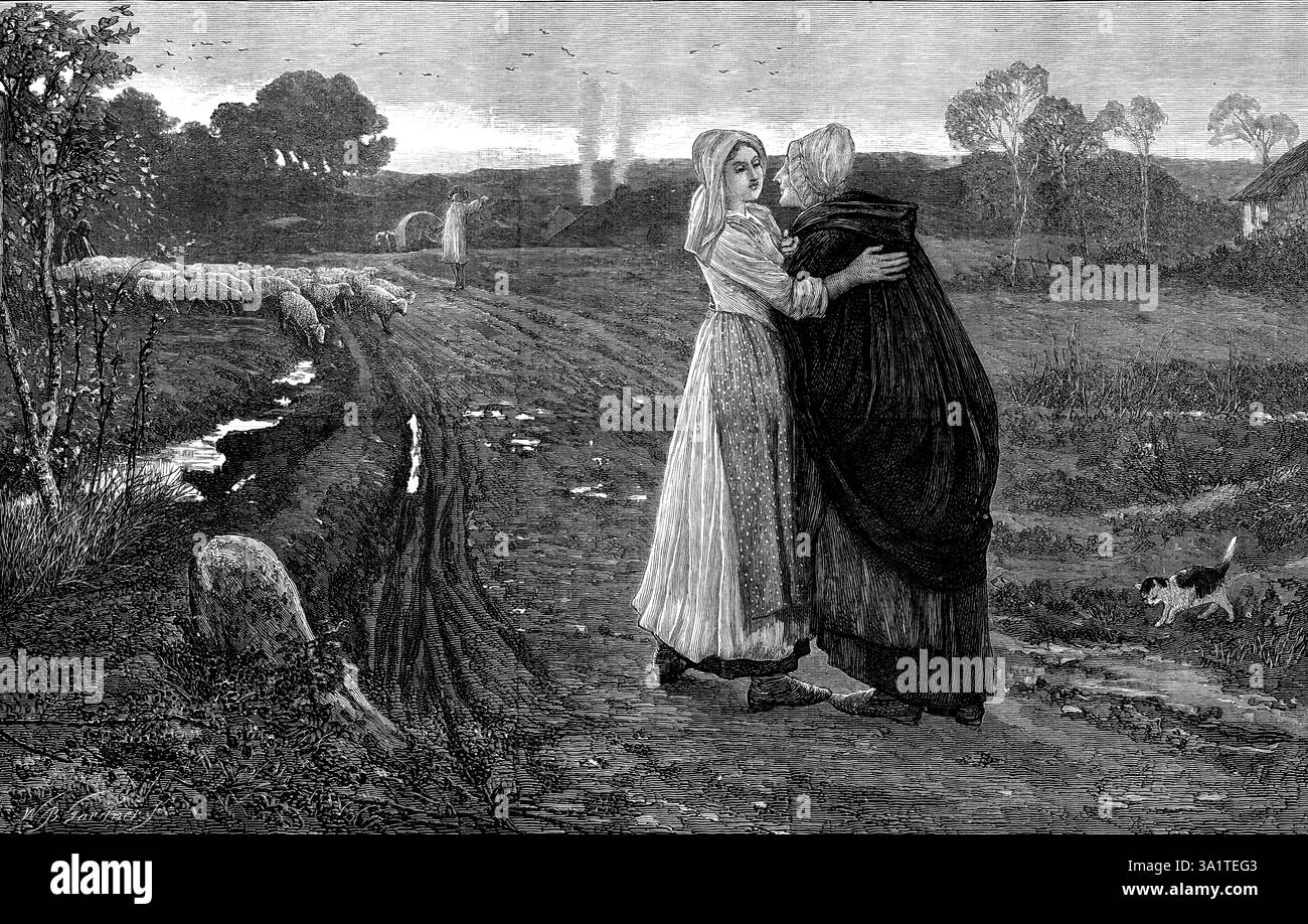 "Auf Wiedersehen, Gott segne dich!" Aus dem Bild von P. R. Morris in der Spätausstellung der Königlichen Akademie, 1873. Gravur eines Gemäldes. "Der Rauch aus den Hütten steigt geradewegs in die stille Luft und erzählt von der friedlichen Kaminruhe armer Familien nach der Arbeit des Tages... die Schafe... werden vom Hirten zu ihren Falten getrieben... jeder Teil des Bildes, sogar zu den tief gepflügten Spurrillen der Straße, dem alten, wettergetragenen Meilenstein und dem Kätzchen, das seiner jungen Geliebten aus ihrem Haus nachläuft, wird nicht ohne symbolische Bedeutung für einen sympathischen Geist sein Stockfoto