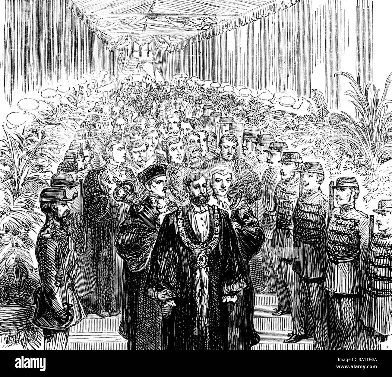 Prozession zum Abendessen, geleitet vom Lord Mayor of York, 1873. "Der Bürgermeister von York unterhielt den Bürgermeister von London und die Bürgermeister von zweihundert anderen Unternehmensstädten mit einem Bankett in der Guildhall von York... der Schauplatz prächtiger Festlichkeiten... der Right Honor Sir Sydney Waterlow, Lord Mayor von London, wurde am Bahnhof vom Lord Mayor von York, mit den Stadträten, Stadtratsmitgliedern und Stadträten getroffen... Die Besucher folgten den beiden Lord Mayors die karmesinrote Treppe hinunter, gesäumt von Freiwilligen, die Waffen präsentierten, bis zur alten Gildenhalle. Aus „Illustrated London New Stockfoto