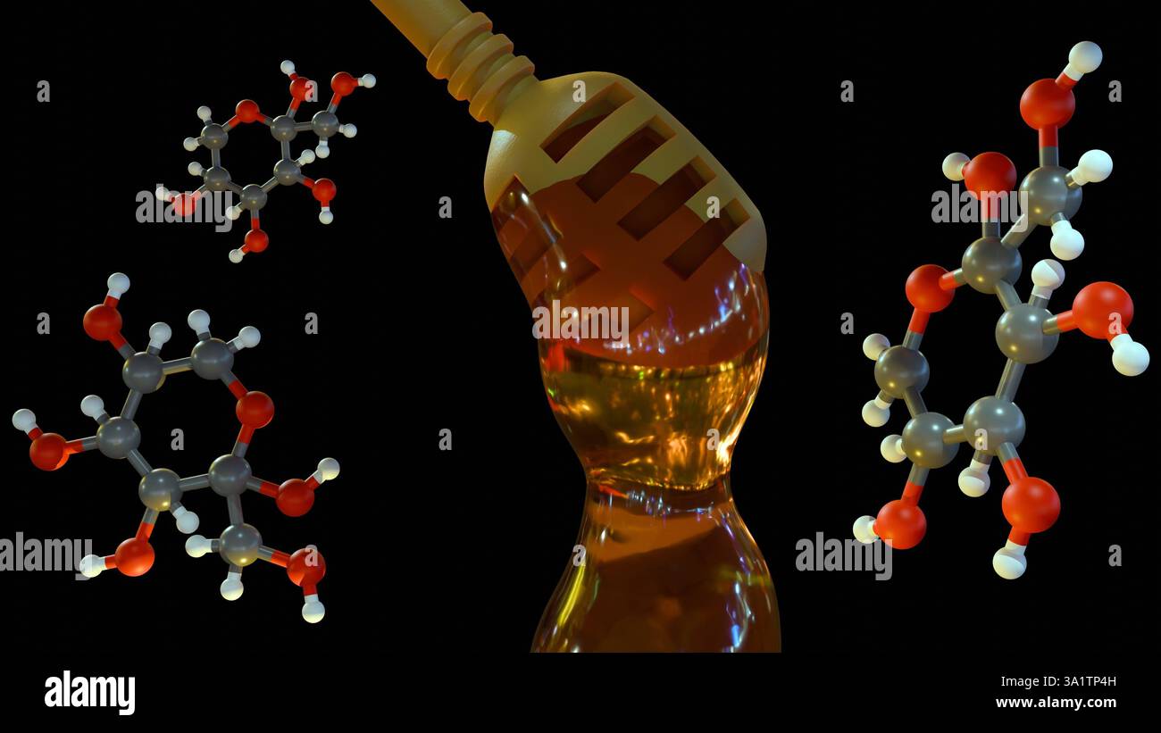 Eine 3D-Darstellung von Honigdipper mit der Struktur der Fructose. Honig, ein natürlicher Süßstoff, besteht hauptsächlich aus Fructose. Stockfoto
