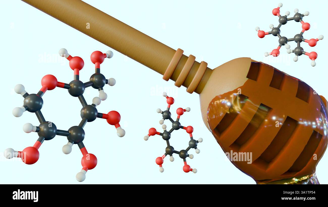 Eine 3D-Darstellung von Honigdipper mit der Struktur der Fructose. Honig, ein natürlicher Süßstoff, besteht hauptsächlich aus Fructose. Stockfoto