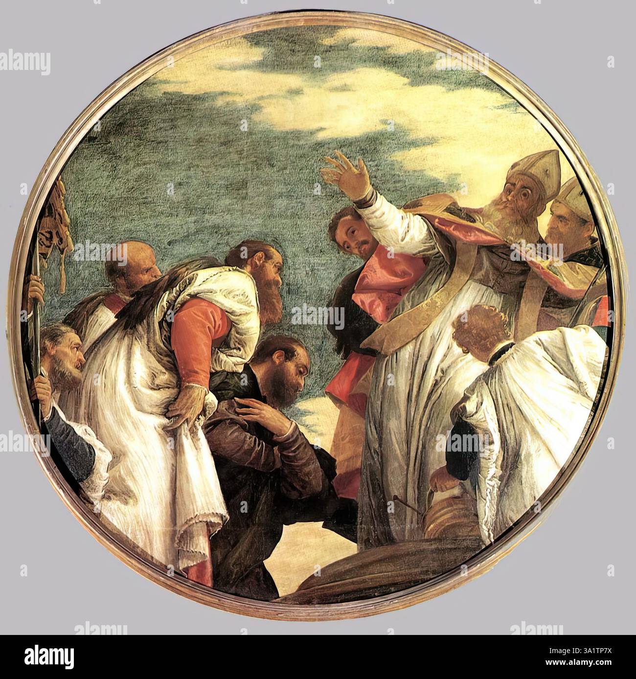 VERONESE, Paolo (* 1528, Verona, d. 1588, Venezia) die Menschen von Myra begrüßen St. Nikolaus um 1582 Öl auf Leinwand, Durchmesser: 198 cm Gallerie dell'Accademia, Venedig am Ende seines Lebens wird Paolo Veronese durch eine innere Poesie verhüllt. Seine Farben heben sich nicht mehr in brillanten Gegenüberstellungen ab, sondern werden mit satten Licht- und Schatteneffekten stärker moduliert. Dieses Werk, eines von sieben gemalt für die Decke der 1582 geweihten Kirche S. Nicolo della Lattuga, gehört zu dieser Zeit. An den Seiten beschädigt, nur der zentrale Teil des com Stockfoto