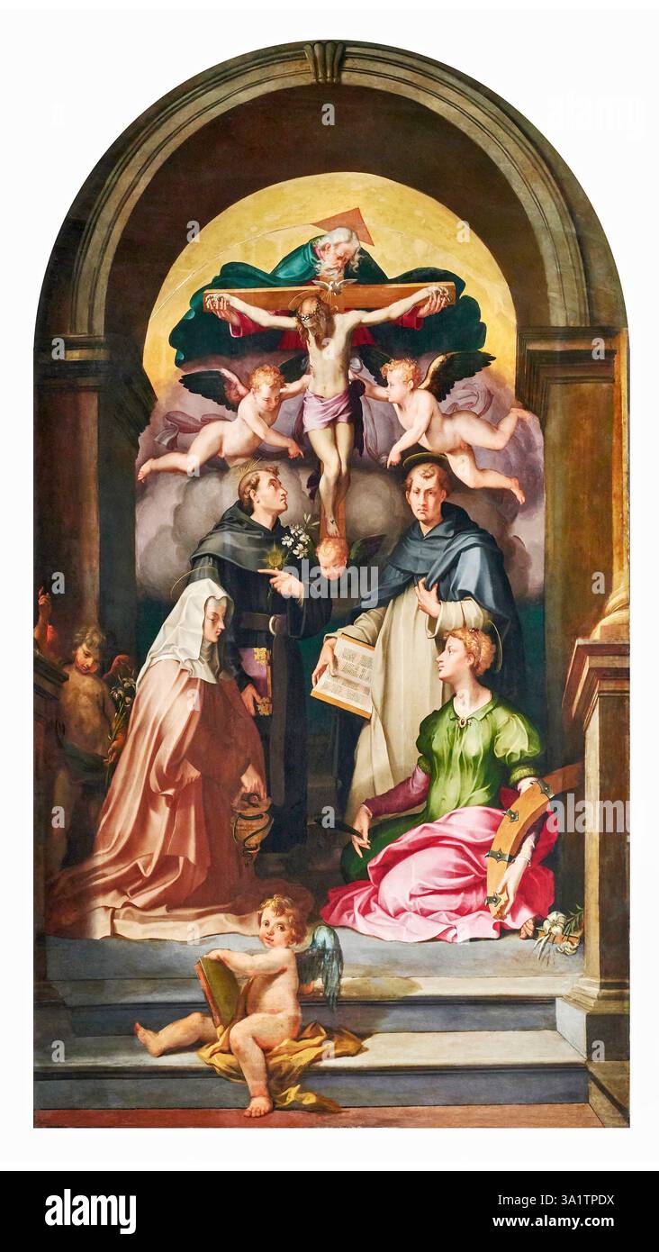 Trinità con S. Nicola da Tolentino,,s.. Verdiana, S. Pietro martyre e S. Caterina d'Alessandria - olio su tela - Carlo Portelli - XVI secolo - Firenze Stockfoto