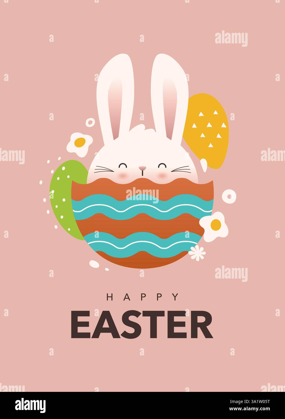 Lustiger Hase in einem Osterei. Niedliches und minimalistisches modernes Design für eine Osterpostkarte. Weiche Pastellfarben, glatte Formen. Vektorgrafik. Stock Vektor