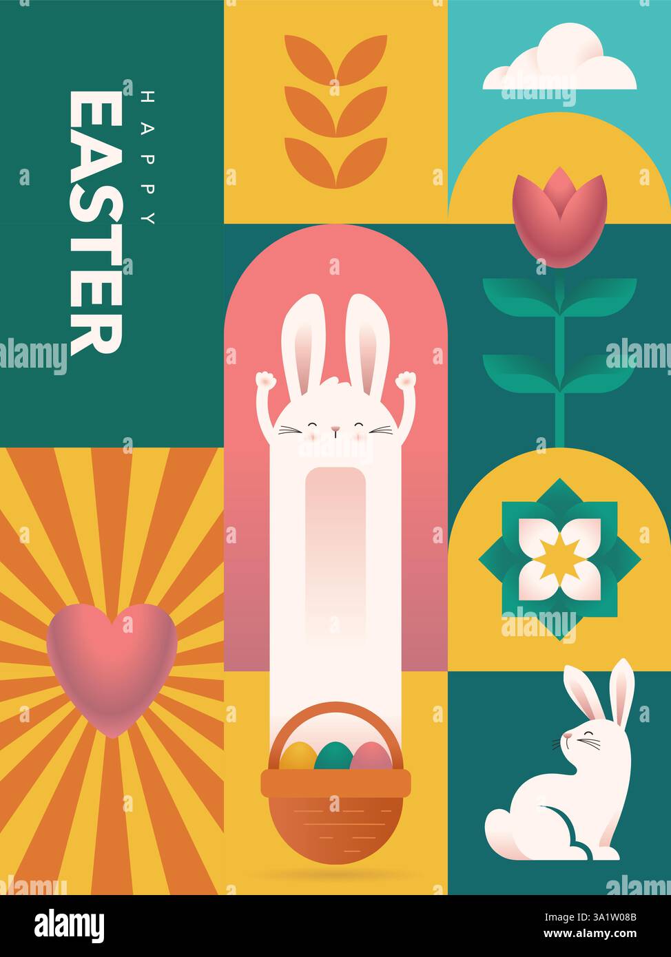 Minimalistische Vorlage für Osterpostkarten oder Poster. Traditionelle Symbole in moderner geometrischer Komposition. Bauhaus und Schweizer Stil. Weiche Pastellfarben, glatte Formen. Vektorgrafik. Stock Vektor