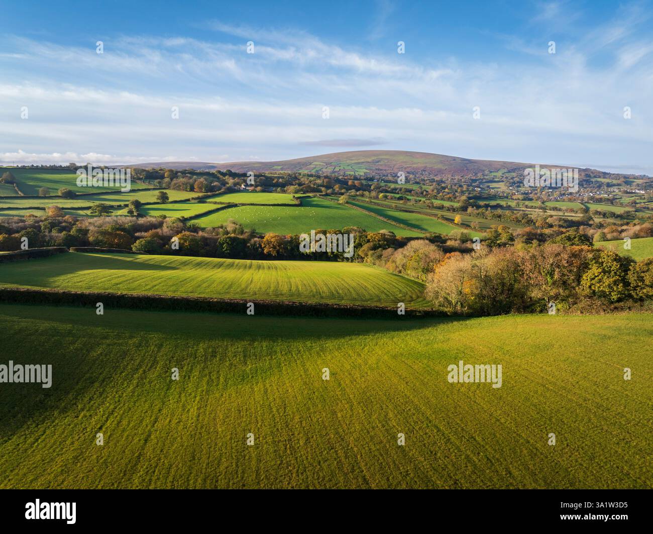 Aus der Vogelperspektive auf die sanfte Landschaft von Dartmoor, Devon, England. Herbst (November) 2023. Stockfoto