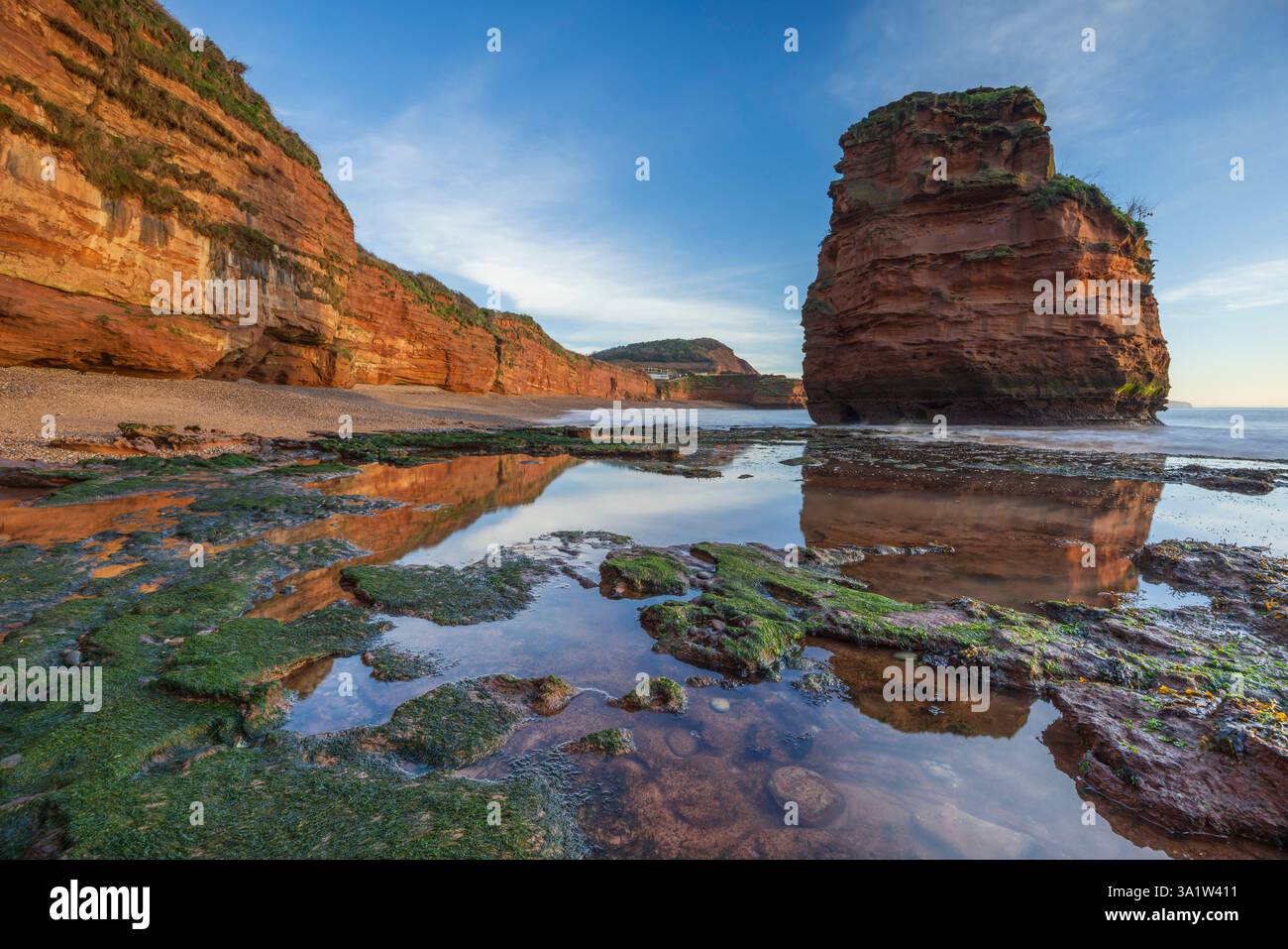 Ladram Bay an der Jurassic Coast World Heritage Site, East Devon, England. Winter (Januar) 2025. Stockfoto
