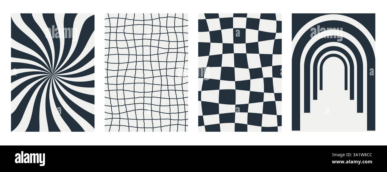 Abstrakte Groovy-Hintergründe. Set aus psychedelischen Retro-Mustern in Schwarz-weiß-Farben. Trendige verdrehte und karierte Vektortextur in abstraktem y2k Stock Vektor