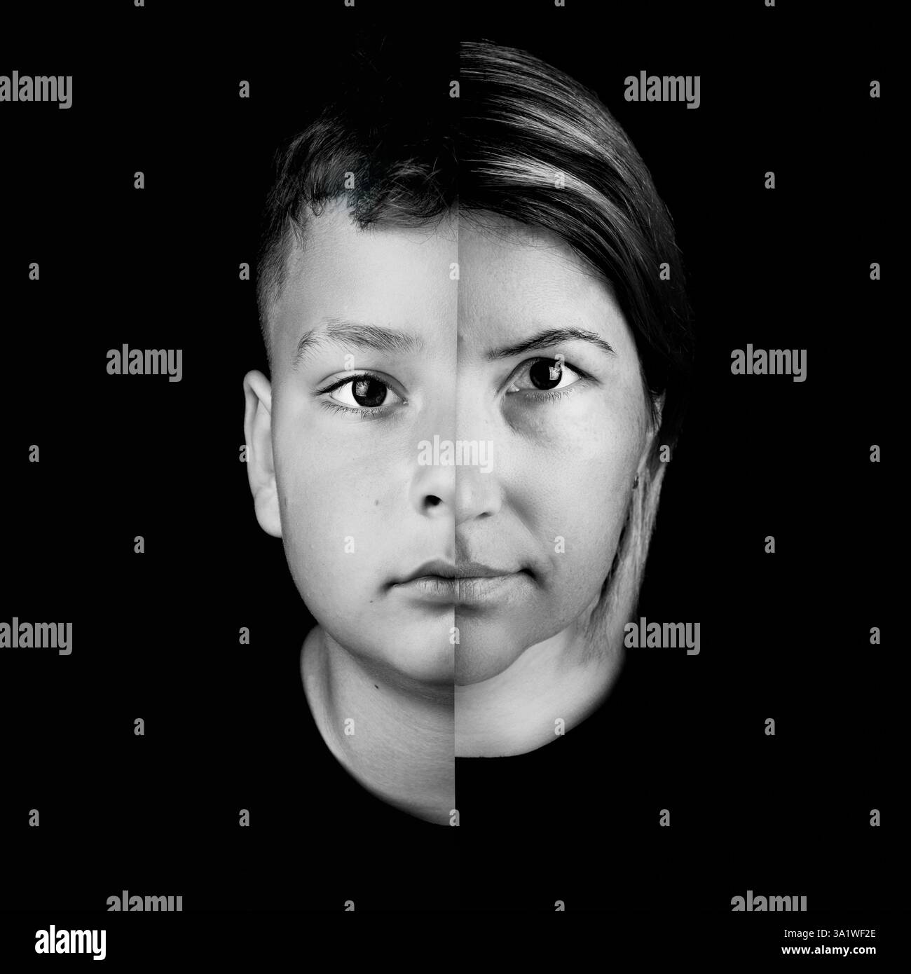 Künstlerisches Schwarz-weiß-Porträt einer Mutter und eines Sohnes, das nur die Hälfte ihrer Gesichter zeigt. Die Nahaufnahme der Komposition unterstreicht ihre tiefe Verbundenheit und schafft Stockfoto
