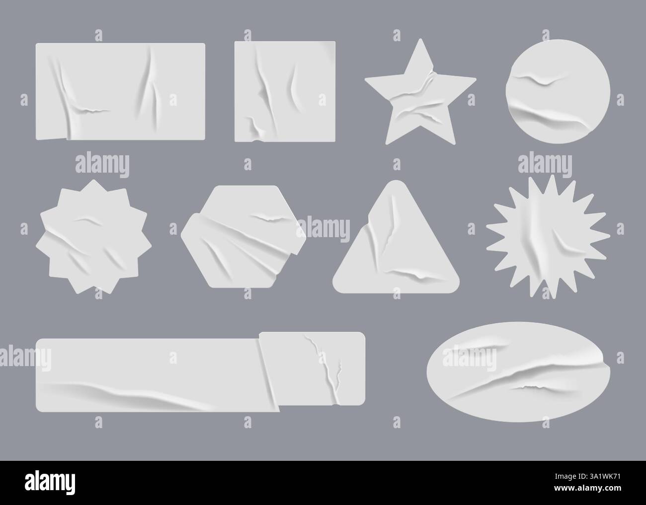 Papieraufkleber. Modell mit rundem Etikett. Weiße leere Stempelstruktur für 3D-Kleber Preisschild. Kreisförmiges Peel-Patch. Faltige Oberfläche. Geometrische Formen. Zusammenklappen Stock Vektor
