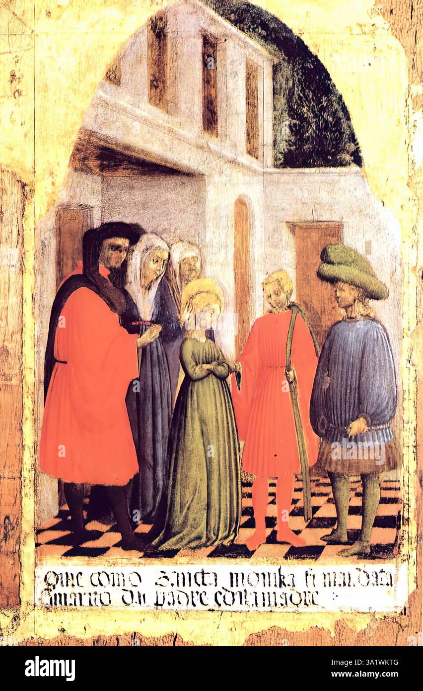 VIVARINI, Antonio (* ca. 1415, Murano, d. 1476/84, Venedig) Heirat der heiligen Monica 1441 Tempera auf Platte, 46 x 31 cm Gallerie dell'Accademia, Venedig diese kleine Tafel, zusammen mit anderen, die kürzlich identifiziert wurden, bildete einen Altar, der der heiligen Monica in der Kirche S. Stefano in Venedig gewidmet ist. Die häusliche Szene spielt im Innenhof eines bürgerlichen Haushalts und verkörpert Antonio Vivarinis schüchterne Versuche, eine räumliche Perspektive zu schaffen. Es zeigt auch, wie sehr seine Welt, die zwischen dem neuen und dem alten schwebte, die Bedeutung von Renaissanc anerkannte Stockfoto