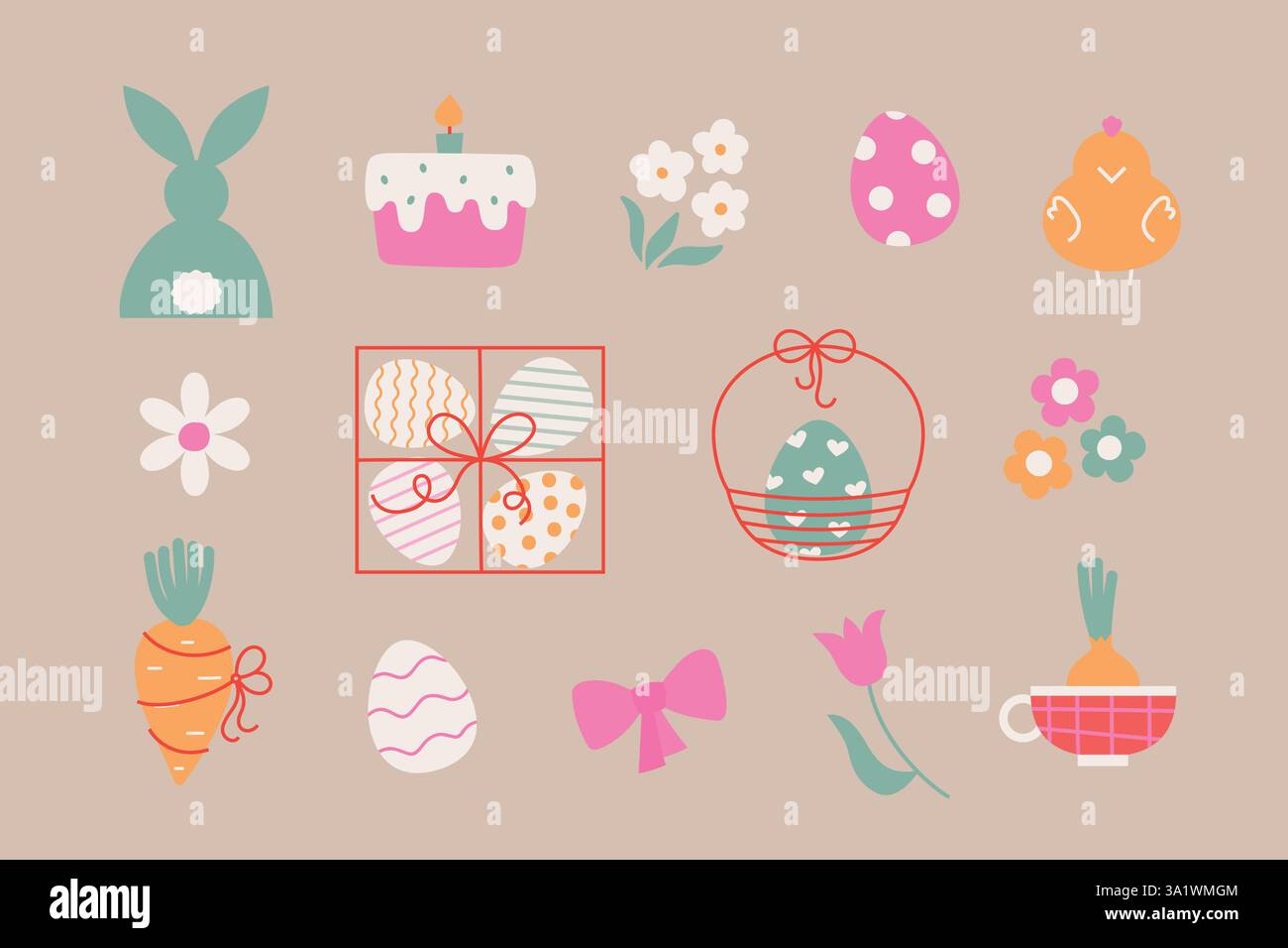 Einfache süße Osterelemente mit Karotten, Eiern, Tieren. Cartoon Vektor Ostern Illustrationen für Waren, Karte, Aufkleber, Dekoration. Stock Vektor