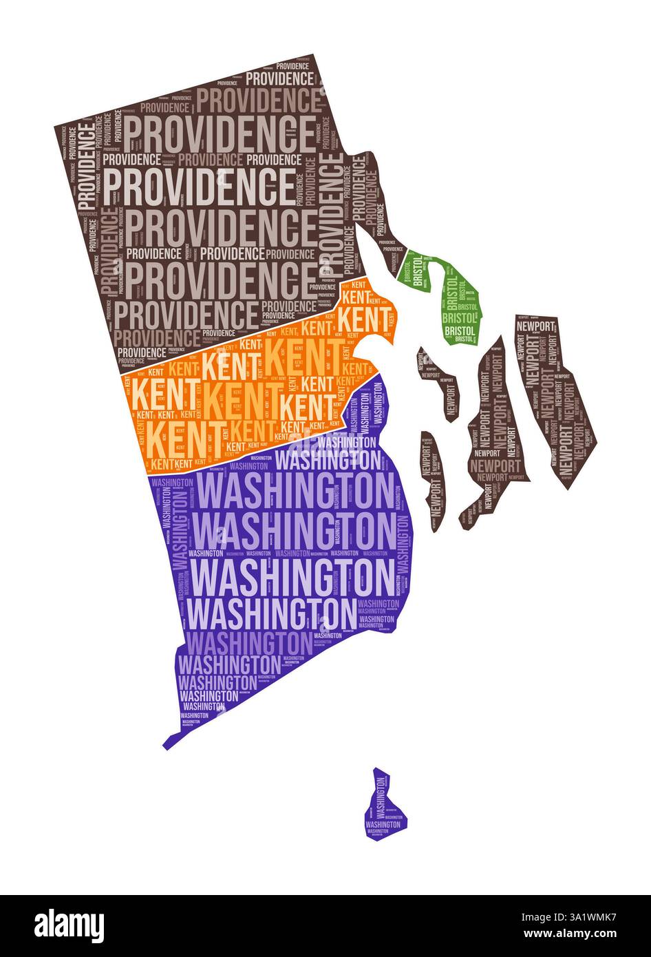 Rhode-Island-Form. State Word Cloud mit Bezirksabteilung. Farbige Abbildung auf Rhode Island. County Names Cloud. Vektorabbildung. Stock Vektor