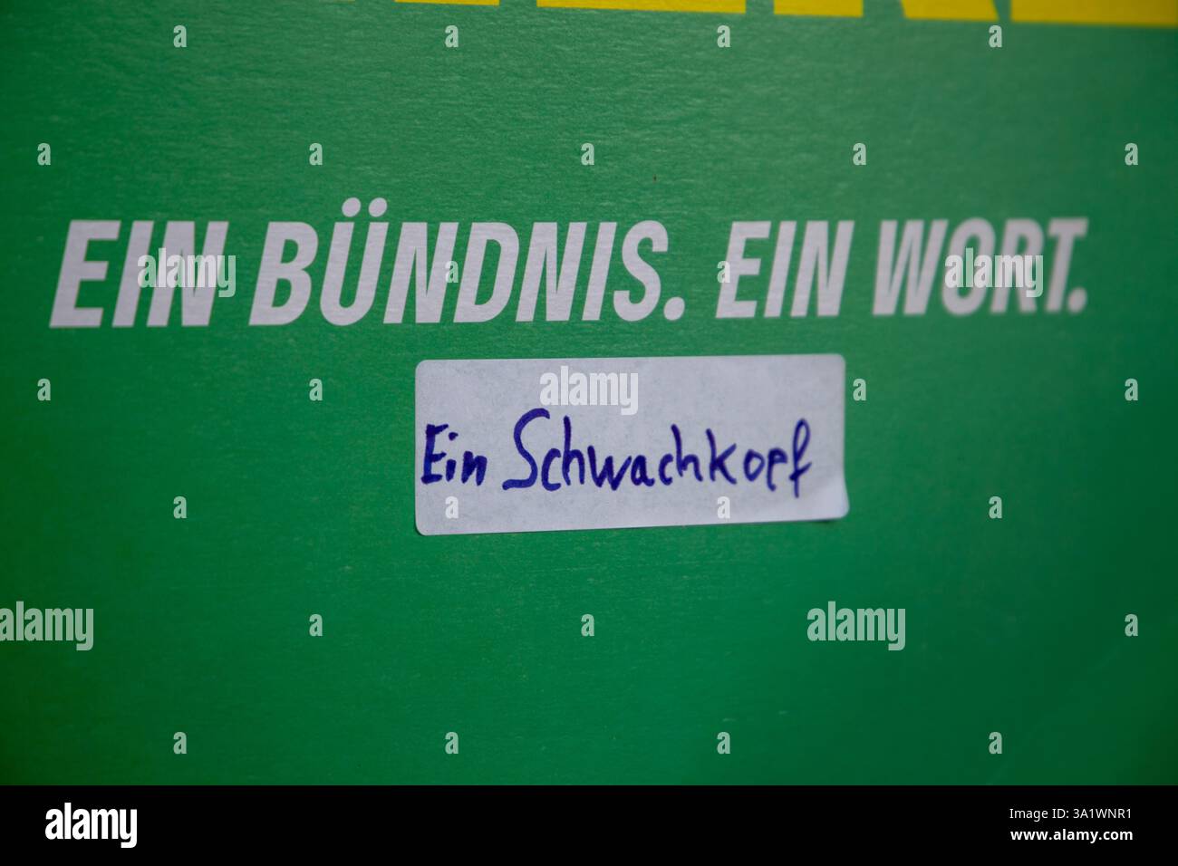 St. Martin (Pfalz): Auf einem Wahlplakat der Grünen für die letzte Bundestagsele wurde ein Aufkleber mit dem Text ein SCHWACHKOPF (Ein schwacher Kopf) aufgeklebt Stockfoto