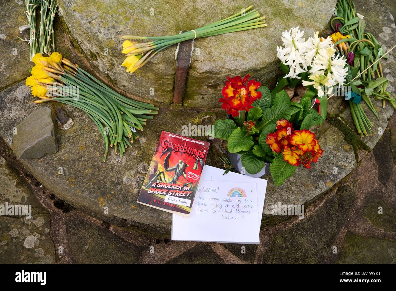 Weltbuchtag. Das Buch liegt auf dem Kirchhof, um es vorgelesen und einem anderen Leser vorgeführt zu werden Stockfoto