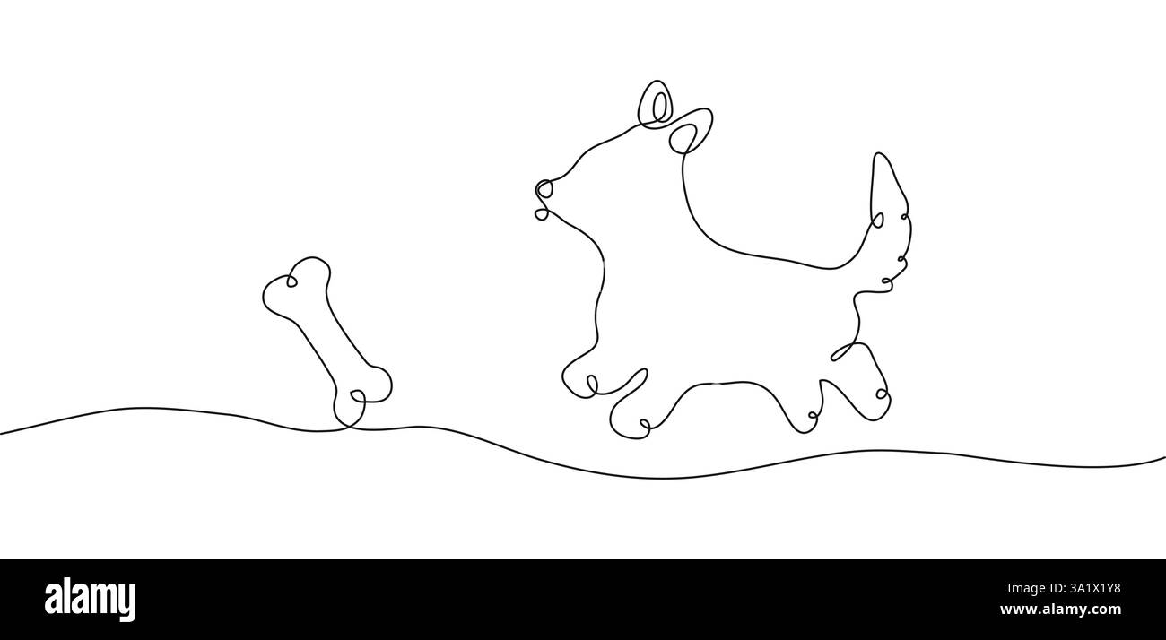 Silhouette eines Corgi-Hundes im Stil einer durchgehenden Linie. Ein Welpe läuft einem Knochen hinterher, horizontales minimalistisches Banner. Vektor-Illustration für die Werbung für eine Hundeschule, Tierarzt, Tierfutter. Stock Vektor