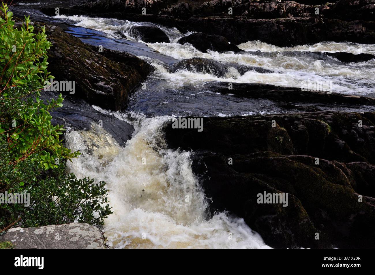 Der Wasserfall auf dem Fluss Sneem, wie er durch das Dorf Sneem auf dem Weg zum Meer passiert. Iveragh Halbinsel, Grafschaft Kerry in Irland Stockfoto
