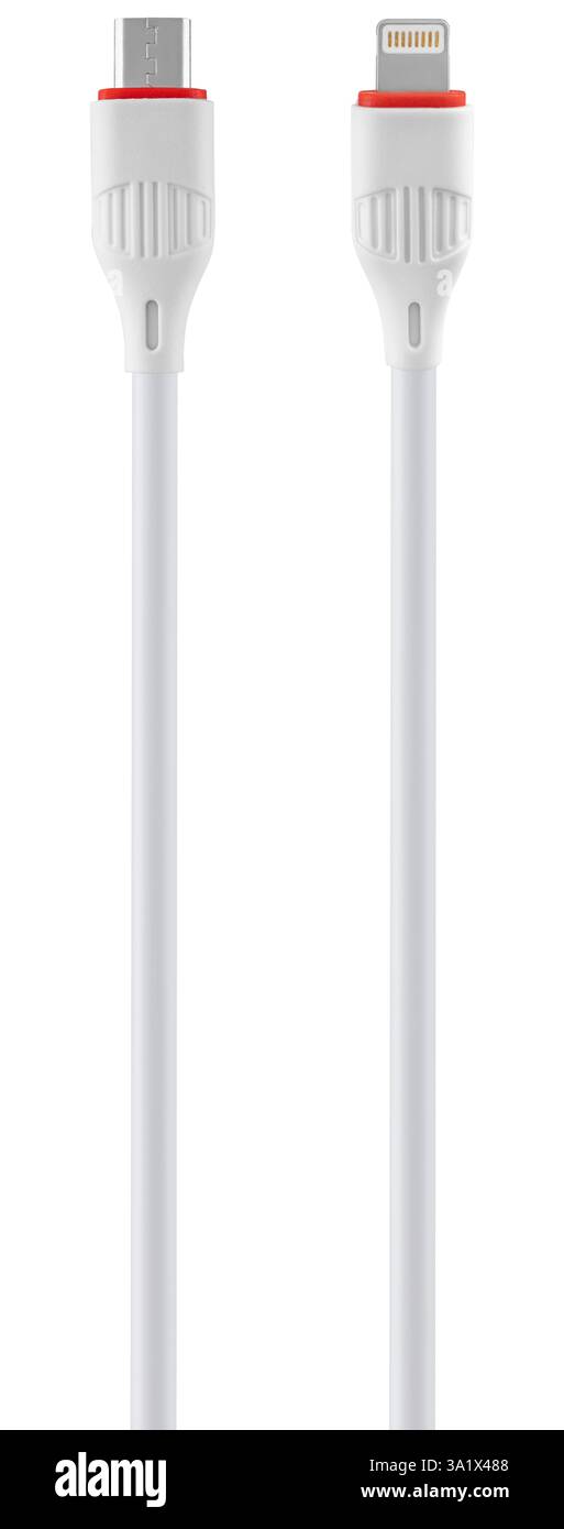 Zweiseitiges Kabel mit Micro-USB- und Lightning-Anschlüssen. Stockfoto
