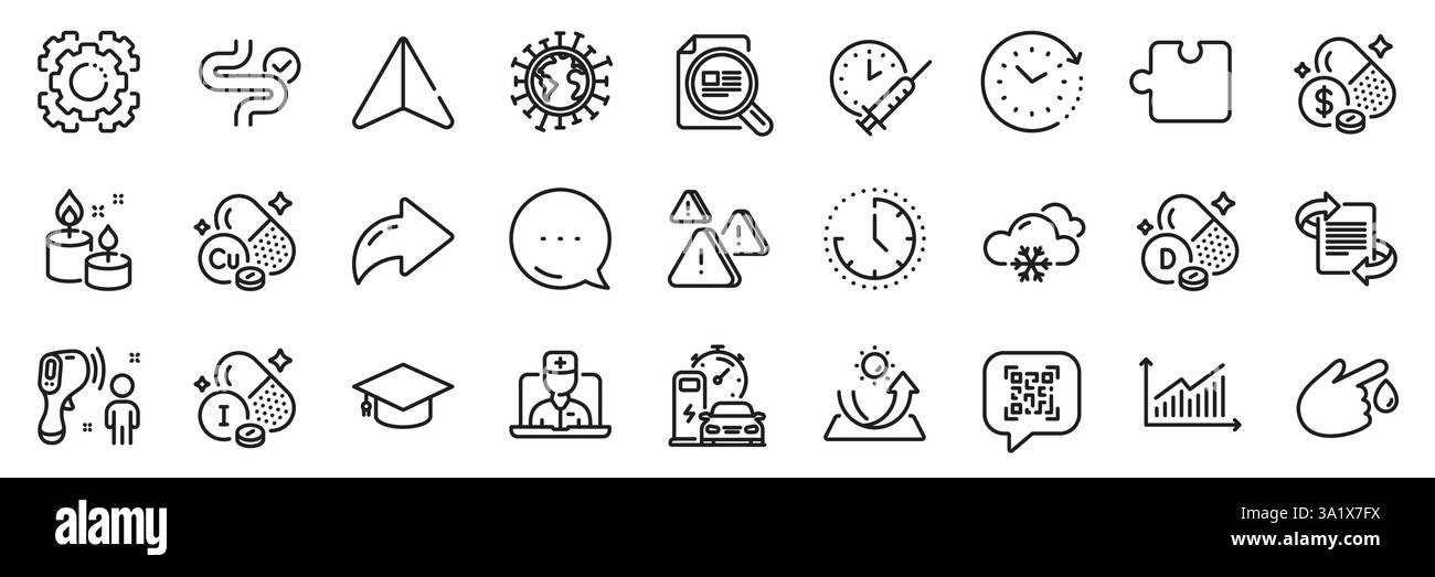 Graduierungskappe, Impfplan und Seo Gear Line Icons Pack. Für Web-App. Symbole für die App-Zeile. Vektor Stock Vektor