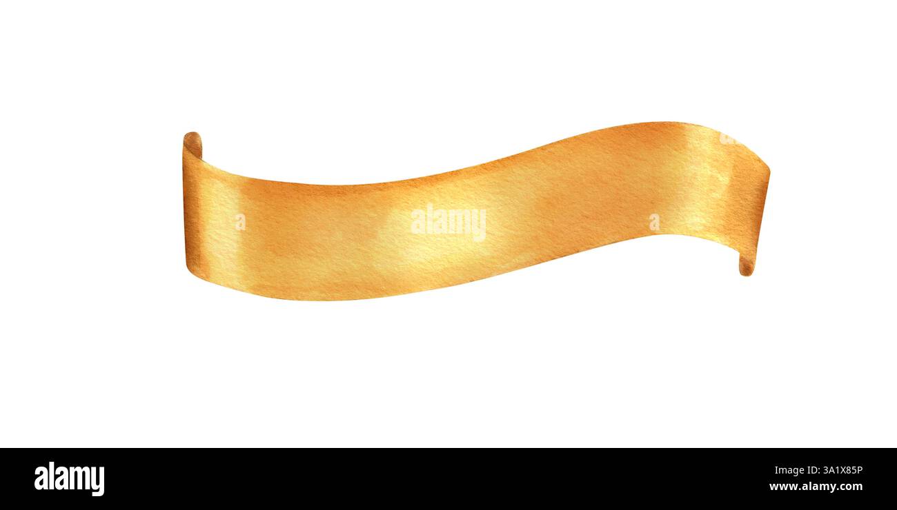 Aquarellfeiertag goldene Band Banner Illustration isolierter Hintergrund. Dekorativer, geschwungener, gelber Rand mit leerem Platz für Text. Stockfoto