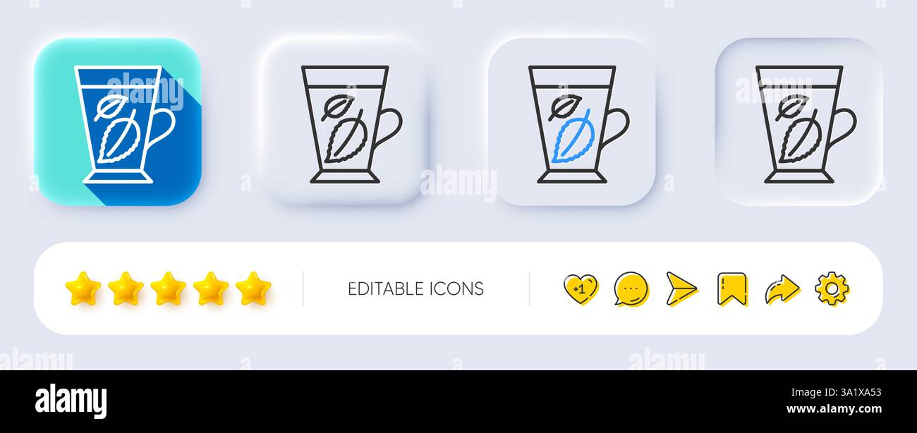 Minztee-Symbol. Neumorph, flacher Schatten, 3D-Tasten. Zeichen für frisches Kräutergetränk. Mentha-Leaves-Symbol. Symbol für Minzblätter der Linie. Social-Media-Symbole. Stock Vektor