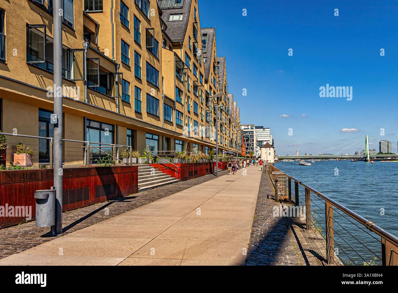 Menschen, die einen sonnigen Sommertag am Rhein im Kölner Rheinauhafen genießen. Köln, Deutschland, Europa Stockfoto